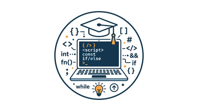 Illustration of a laptop with graduation cap and programming code symbols.