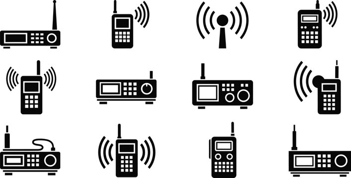 Wireless Communication Device Silhouette Set with Radios Antennas and Signal Icons