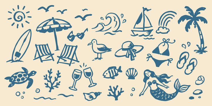 Beach Summer Vacation Doodle Set Vector Illustration