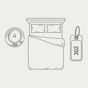Top view illustration of a hotel room setup: bed, nightstand with lamp, and room key tag 302