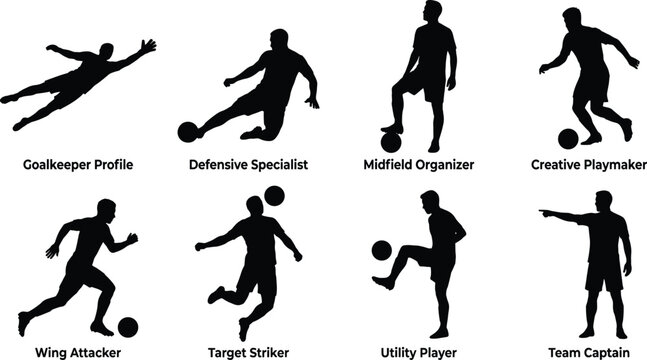 Soccer Player Position Silhouettes Collection Featuring Football Roles and Skills