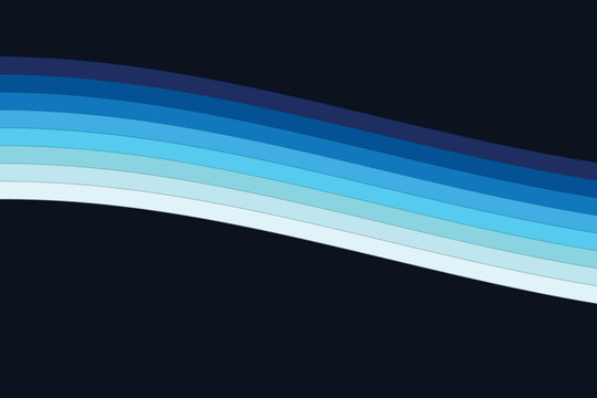 Abstract background, with parallel curved, stripes in shades, of blue, cyan, and white on, dark navy