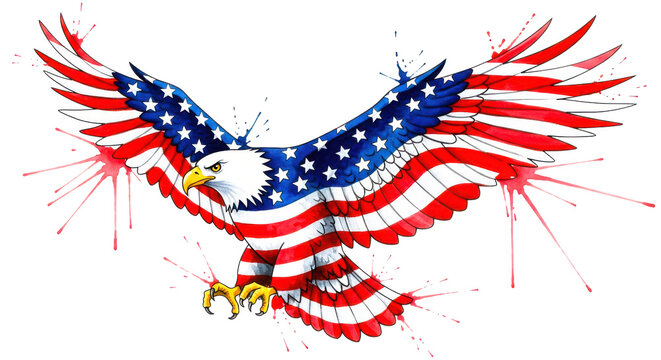 American bald eagle with wings spread featuring US flag pattern and red watercolor splatters.