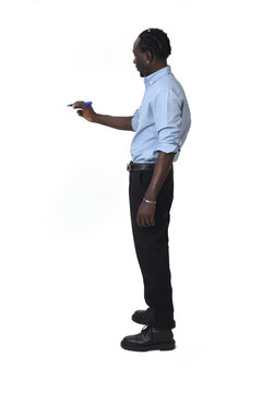 side view of a man drawing or writing on white background