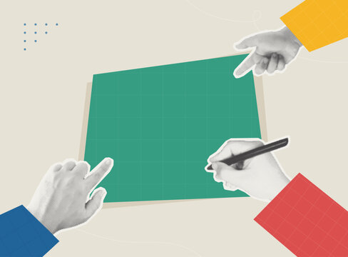 Halftone collage of three hands collaborating by pointing and writing on a teal canvas, representing co-creation and teamwork. Perfect for business, creative agency, education, and collaboration conte