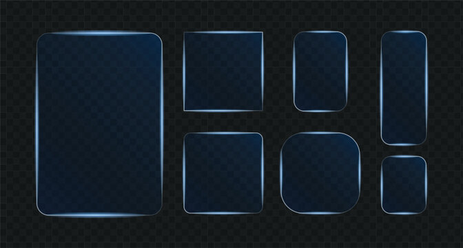 Set of blue glass frames with glowing borders. Glass panels of different shapes with neon frames for Modern Web App Design on dark transparent background.