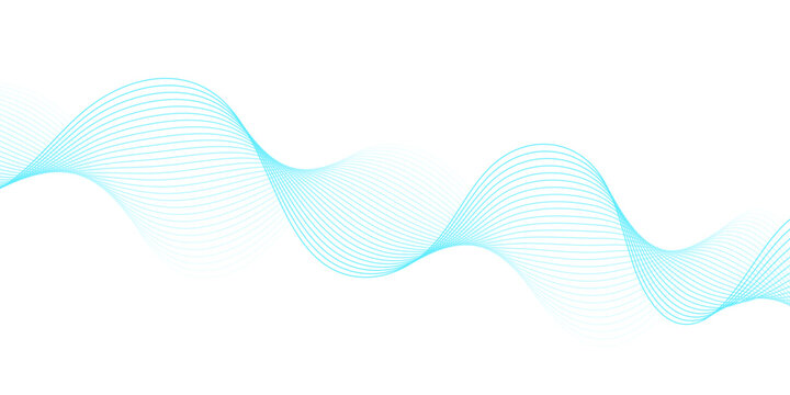 Abstract flowing cyan and blue wave lines with dynamic soundwave curves on transparent background for modern minimalist digital frequency, audio, and technology vector banner design.