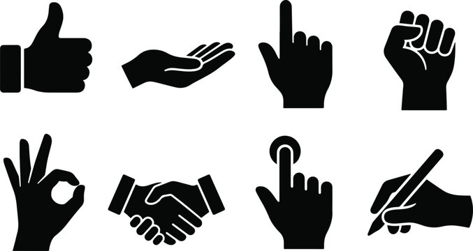 Hand gestures silhouette vector icon set featuring thumbs up handshake pointing finger ok sign and fist