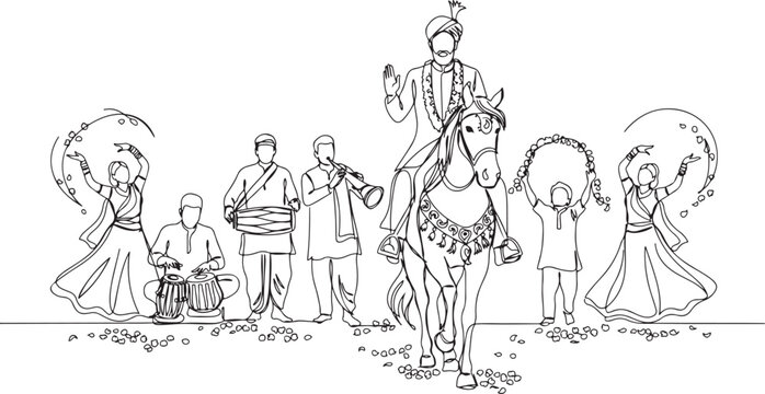 Baraat with a groom and other instrument players going to marry the bride on white background 