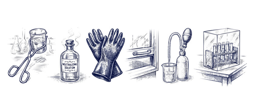 Chemistry safety equipment vintage set illustrating lab protection tools like rubber gloves, neutralizing solution bottle, test tubes, and beaker tongs in retro woodcut style science banner sketch art
