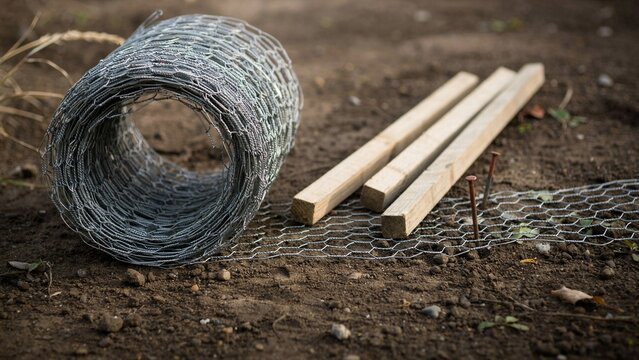 Wire mesh roll sits on dirt ground next to wooden stakes intended for constructing a durable garden fence enclosure.