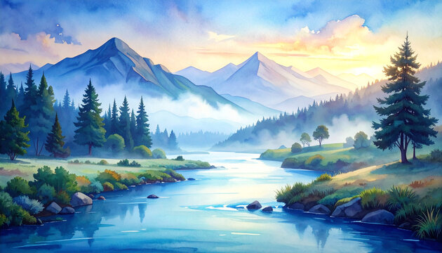 Serene Watercolor Mountain Landscape with River at Sunrise