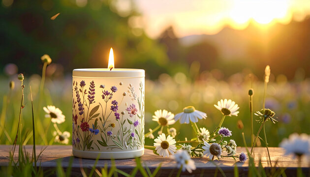 Floral patterned candle burning in a wildflower meadow at sunset