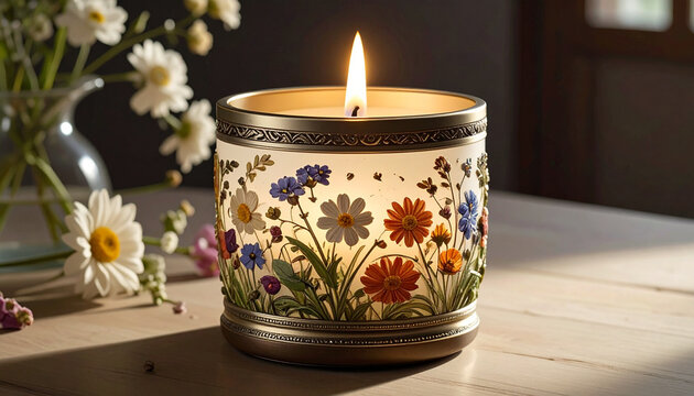 Elegant Scented Candle with Floral Design and Warm Flame