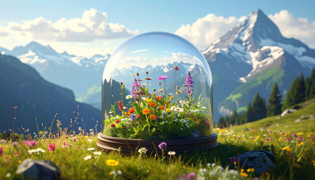 Alpine wildflowers in a glass dome with snowy mountain landscape