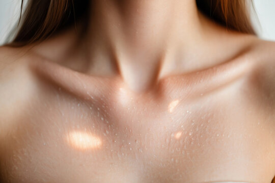 Close up of woman's collarbone and neck with water droplets, radiant healthy skin
