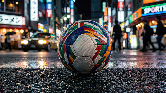 Soccer ball with world flags pattern on wet city street at night. Tokyo street style international football tournament concept.