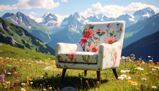 Modern floral armchair in a sunny alpine mountain meadow landscape