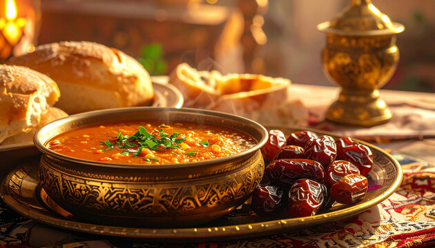 Traditional Arabic Lentil Soup and Dates on Golden Tableware