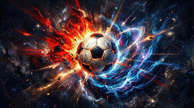 Cosmic soccer ball exploding with fire and ice in outer space. Dramatic illustration of celestial sports energy with glowing nebulae and galaxy stars background.