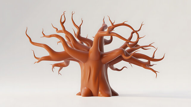 3 d rendered orange tree sculpture with twisted branches on white background