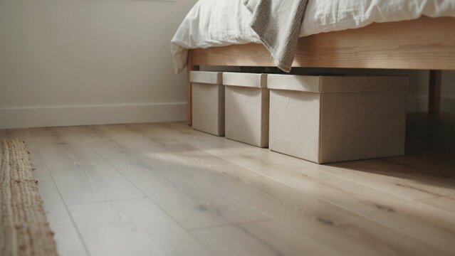 Storage containers sit tucked neatly beneath a wooden bed frame to optimize space in a modern minimalist bedroom.
