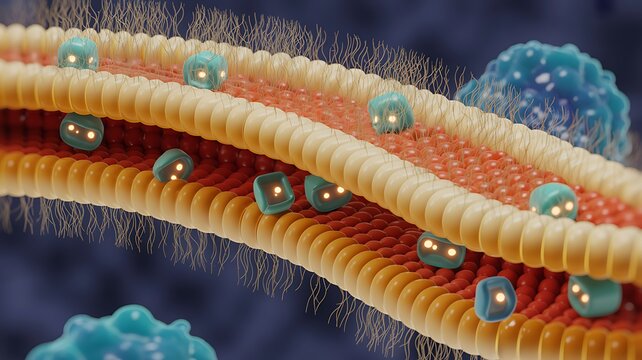 Cellular translation process. A ribosome synthesizes protein based on mRNA information. The mRNA strand carries genetic code. The ribosome decodes mRNA to form a protein chain. Molecular biology 3D