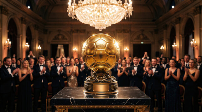 Golden football trophy on marble table with gala dinner crowd clapping in a luxury ballroom. Concept of formal sports award ceremony, gala event, and celebration.