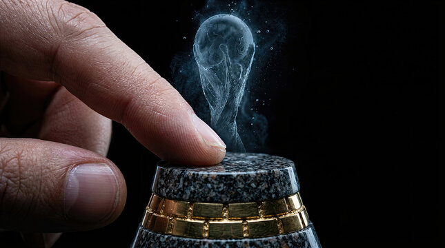 Finger pressing button to activate glowing hologram of championship trophy. Close-up of adult hand interacting with futuristic digital display projection.