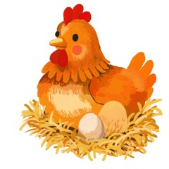Hen sitting in the nest filled with eggs, illustrated in a soft pastel style. or nursery decor, children's products, greeting cards, easter designs, farm-themed projects. Isolated on white background. © Anikart