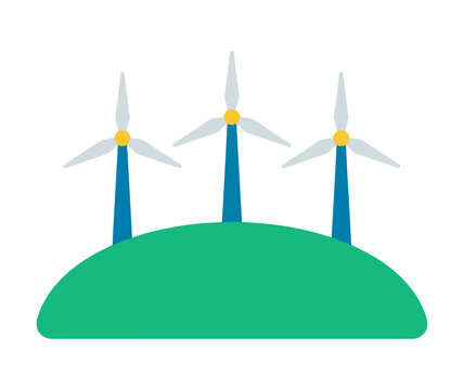 Wind turbines on green hill on a transparent background 
