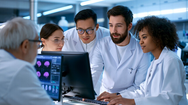 Diverse medical researchers collaborating around computer analyzing brain scan data in laboratory