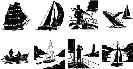 Maritime Adventure Silhouette Collection Featuring Sailboats Ships Whales Fishermen and Lighthouse Scenes © Moslema