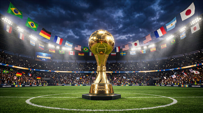Gold globe world champion trophy on green grass football pitch surrounded by international flags. Concept of global tournament.