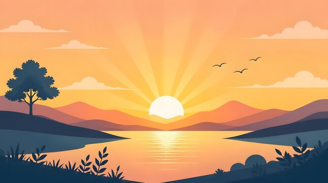 Calm Sunset Over Lake with Silhouetted Hills and Birds