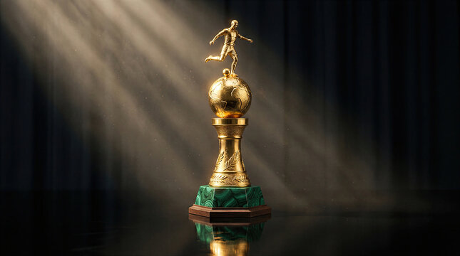 Golden soccer player trophy on globe with green marble base under dramatic spotlights. Concept of best player award.