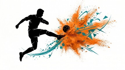 Naklejka premium Silhouette of a male soccer player kicking a football with explosive orange powder splash. Graphic design of athlete in midair volley shot.