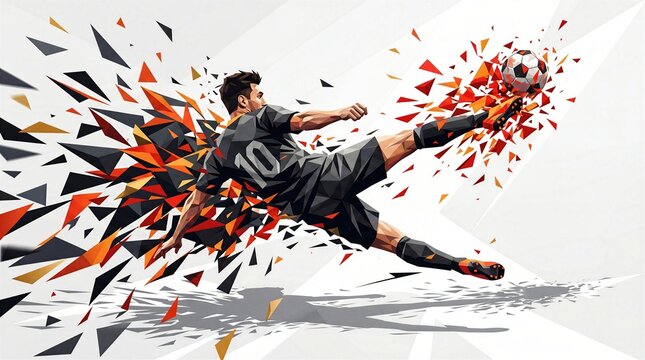 Low poly vector illustration of a male soccer player doing a bicycle kick. Geometric graphic of athlete scoring a goal with explosive triangles.