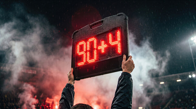 Hands holding a red LED fourth official substitution board showing ninety plus four. Rainy night match inside a foggy football stadium.