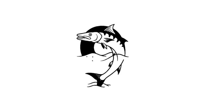 Black and white illustration of a jumping fish.