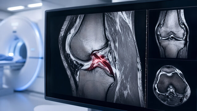 Knee ACL tear radiology concept with MRI style joint instability, photorealistic medical imaging of injured ligament in clean hospital setting for orthopedic education and patient anatomy design