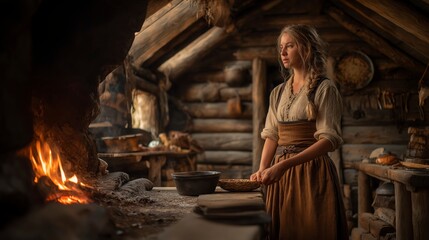 Fototapeta premium In a Viking home warmed by a central fire, everyday tasks reveal that perseverance, skill, and family bonds were the foundation of survival. 