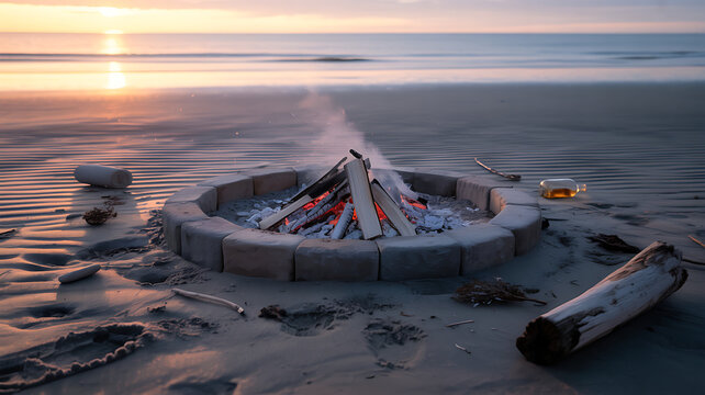 Beach bonfire at sunset, with stone ring and smoldering wood fire pit