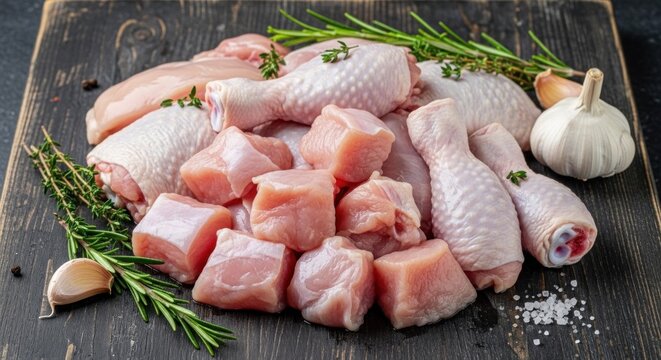 A pile of raw chicken pieces, including drumsticks and thighs, with herbs and spices on a wooden cutting board.