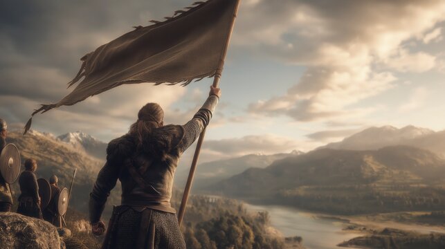 A Viking warrior raises his banner atop a windswept hill as fellow warriors stand behind him, symbolizing courage, unity, and the determination to face the unknown with strength and honor.
