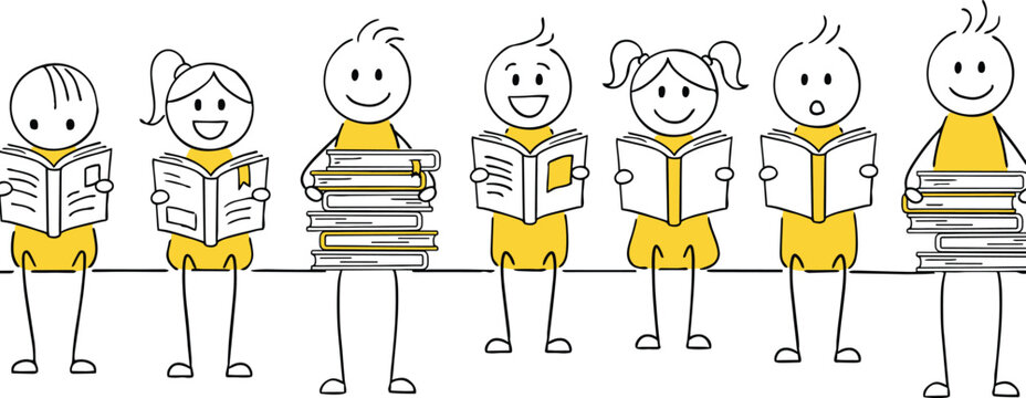 Stick figures group of happy children reading and holding piles of books doodle line art vector school education concept