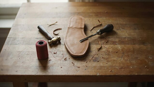 Shoemaking tools including a cobbler hammer and metal awl rest on a wooden workbench beside a cut piece of leather.