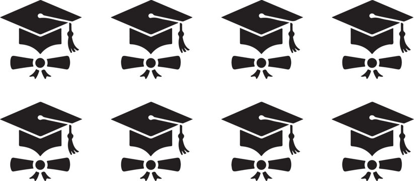 Educational graduation cap and diploma scroll icons arranged in grid pattern black silhouettes isolated on transparent background.