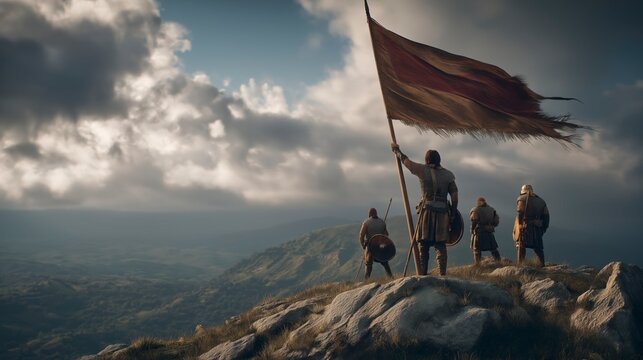 A Viking warrior raises his banner atop a windswept hill as fellow warriors stand behind him, symbolizing courage, unity, and the determination to face the unknown with strength and honor.
