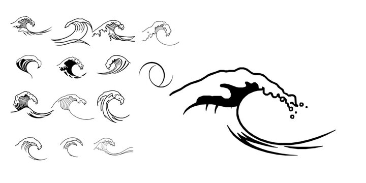 Tidal Wave with Curling Crest on White Background Outline